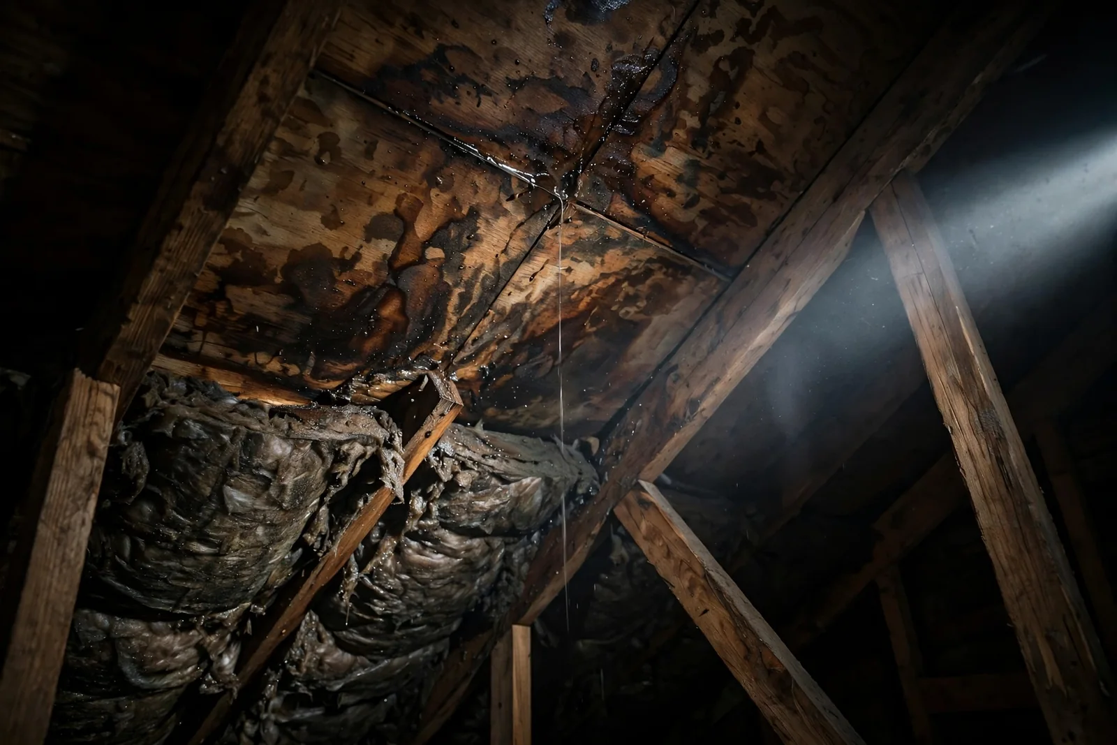Wet attic insulation and roof decking above a ceiling leak in Boca Raton