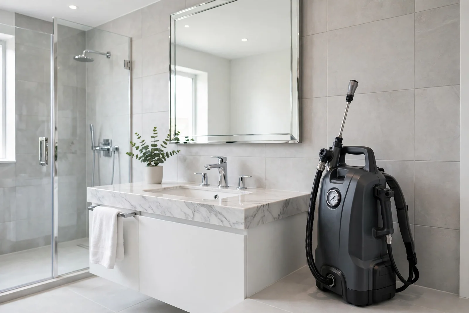 Sanitizing equipment in a clean bathroom after sewage backup cleanup in Boca Raton
