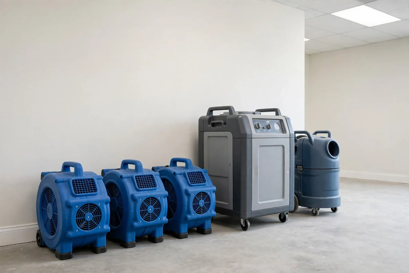 Water damage drying equipment lined up for a Boca Raton restoration job
