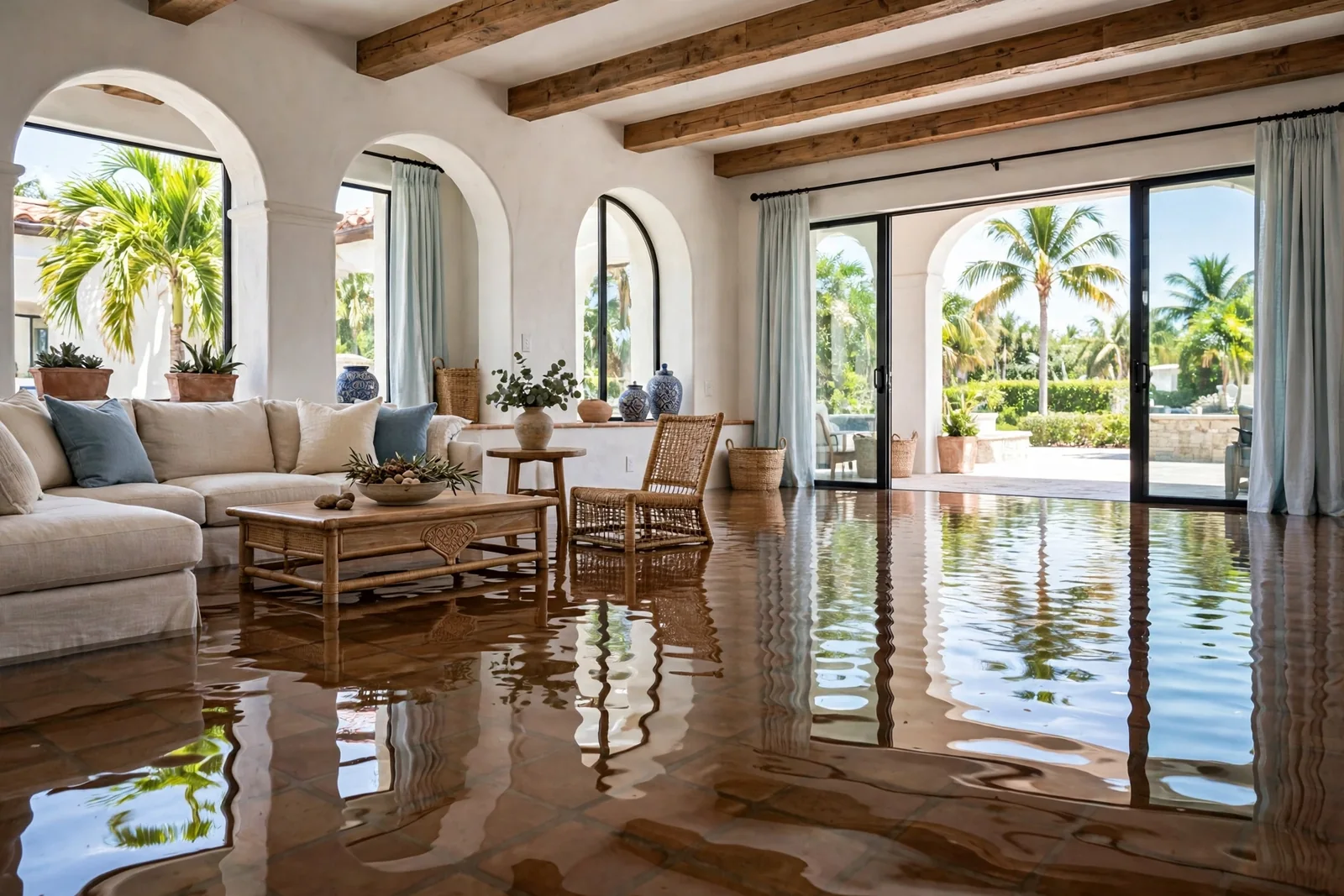 Water spreading across the living room floor of a Boca Raton home after a leak