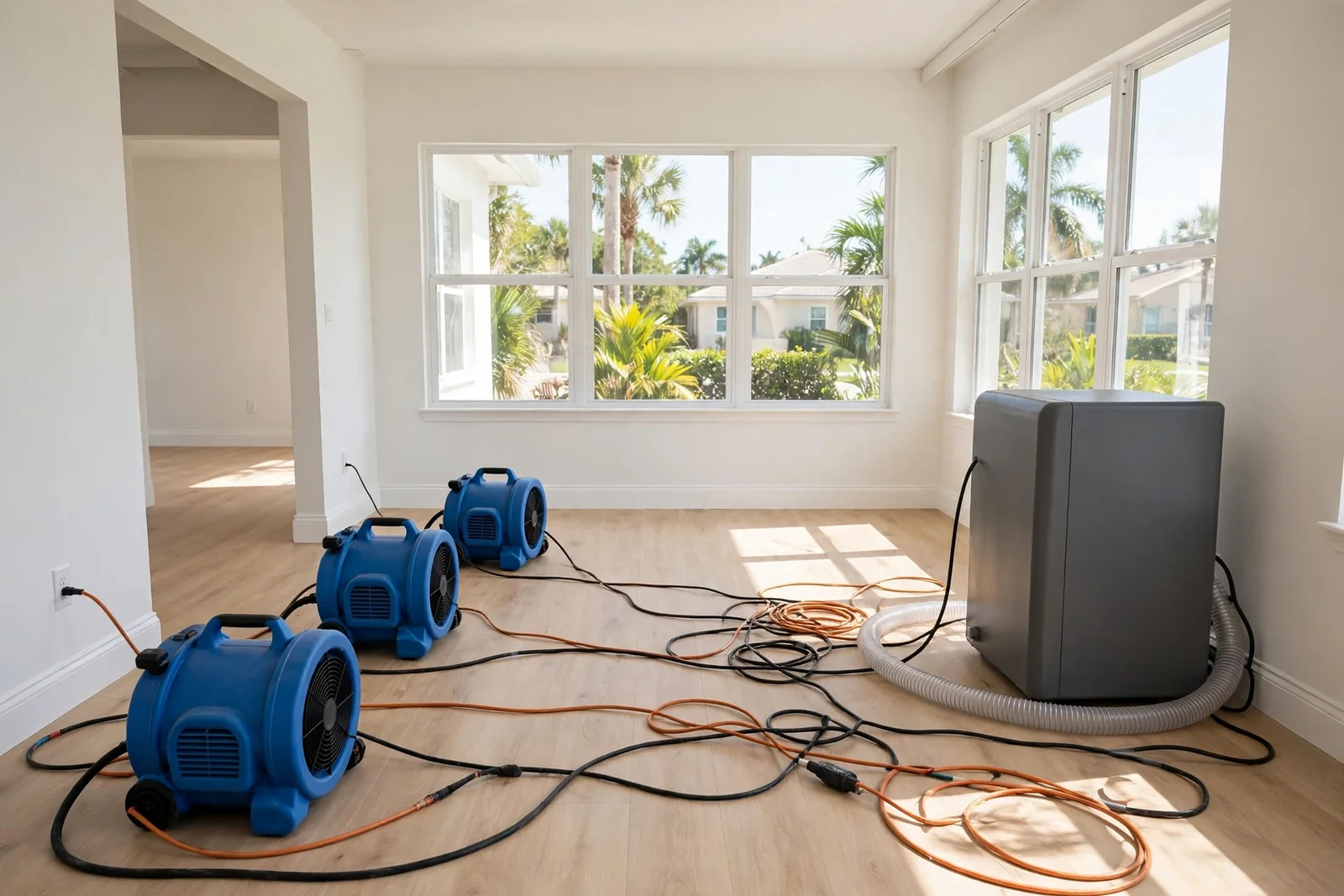 Air movers and a dehumidifier drying a room during water damage restoration in Boca Raton
